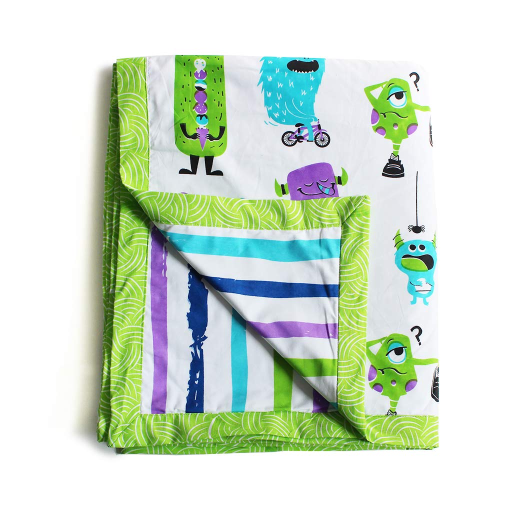 Silverlinen Silly Monsters 100% Cotton 3 Layer Reversible Single Blanket Dohar for Kids for Girls and Boys  Green  55x70 Inche