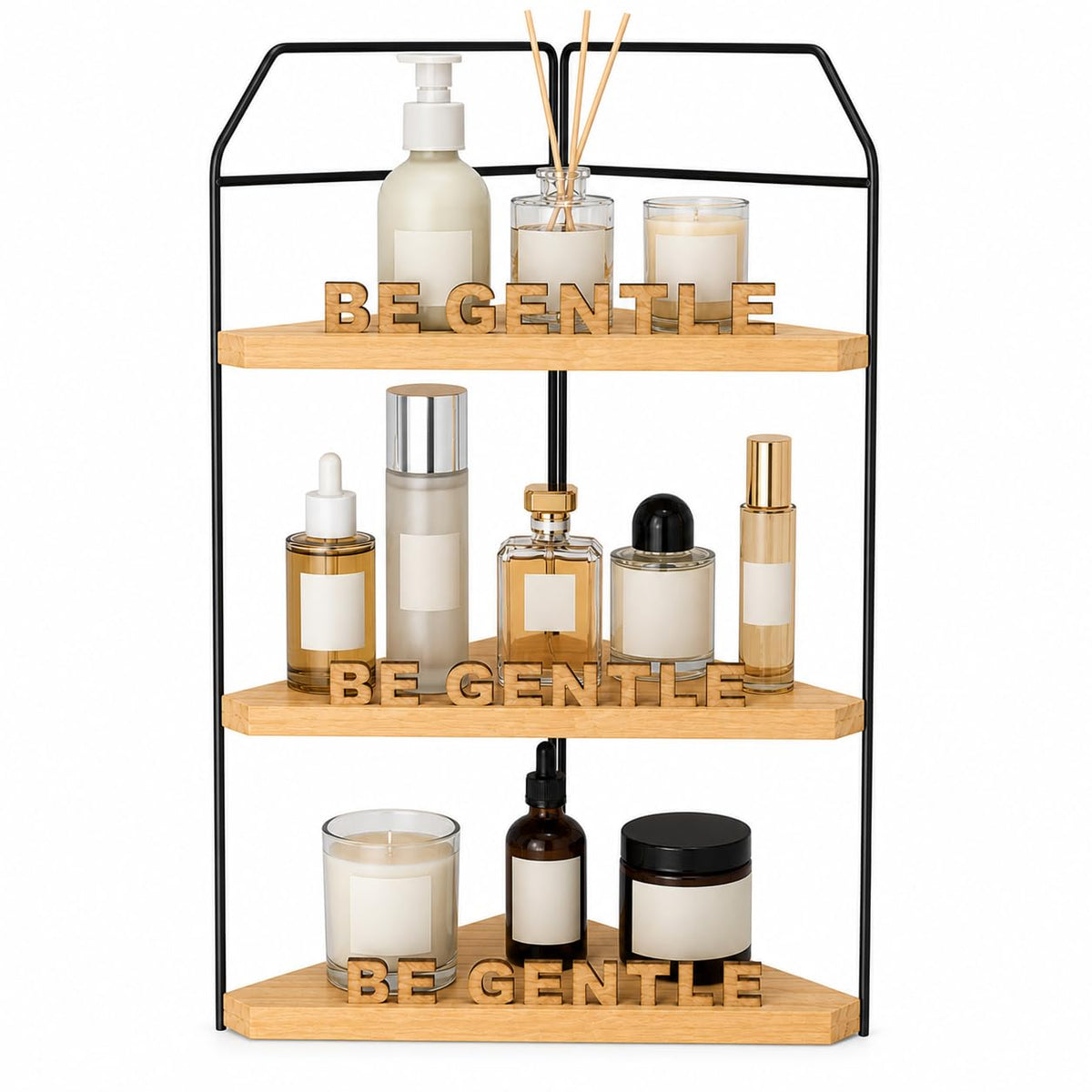 3 Tier Corner Bathroom Organizer  Space Saving Countertop Shelf with Wood & Metal Design, MultiPurpose Storage Rack for Bathro
