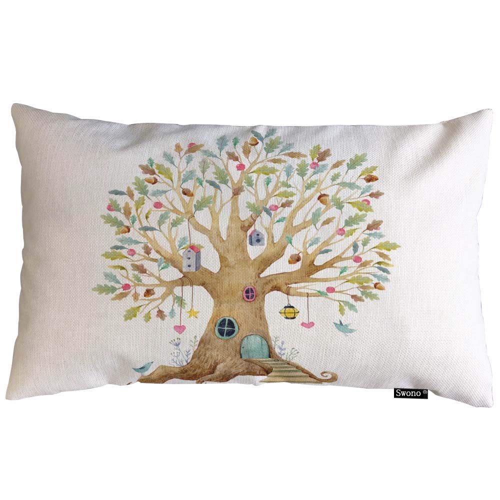 Swono Family Tree Throw Pillow Cover Watercolor Children'S Cute Fairy Tree Cotton Linen Decorative Rectangular Pillowcase For So