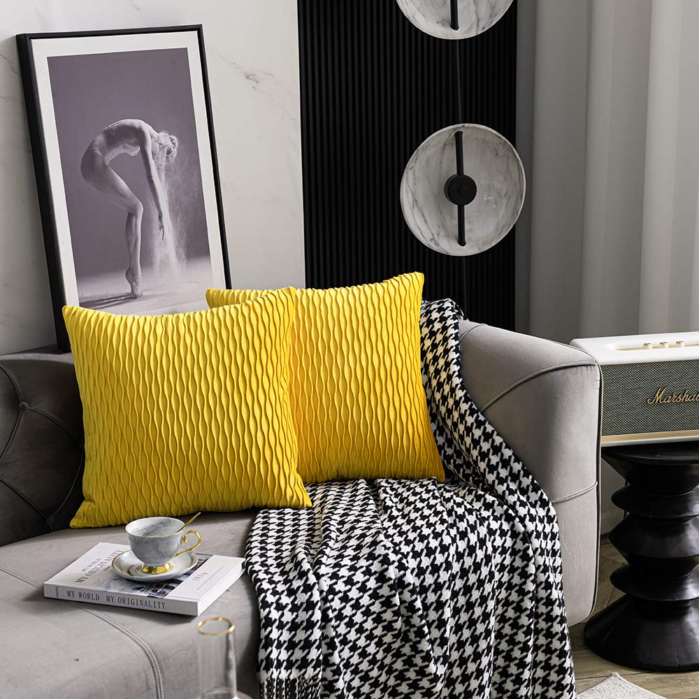 Dezene Mustard Yellow Couch Pillow Covers: 2 Pack 24X24 Inch Original Striped Velvet Square Throw Pillow Cases For Farmhouse Hom