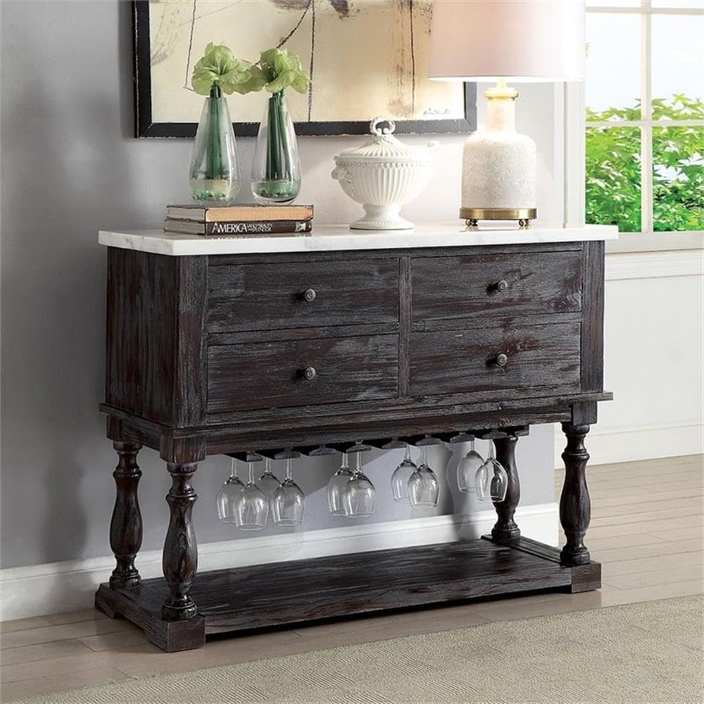 Acme Gerardo 4-Drawer Wooden Marble Top Server in White and Weathered Espresso