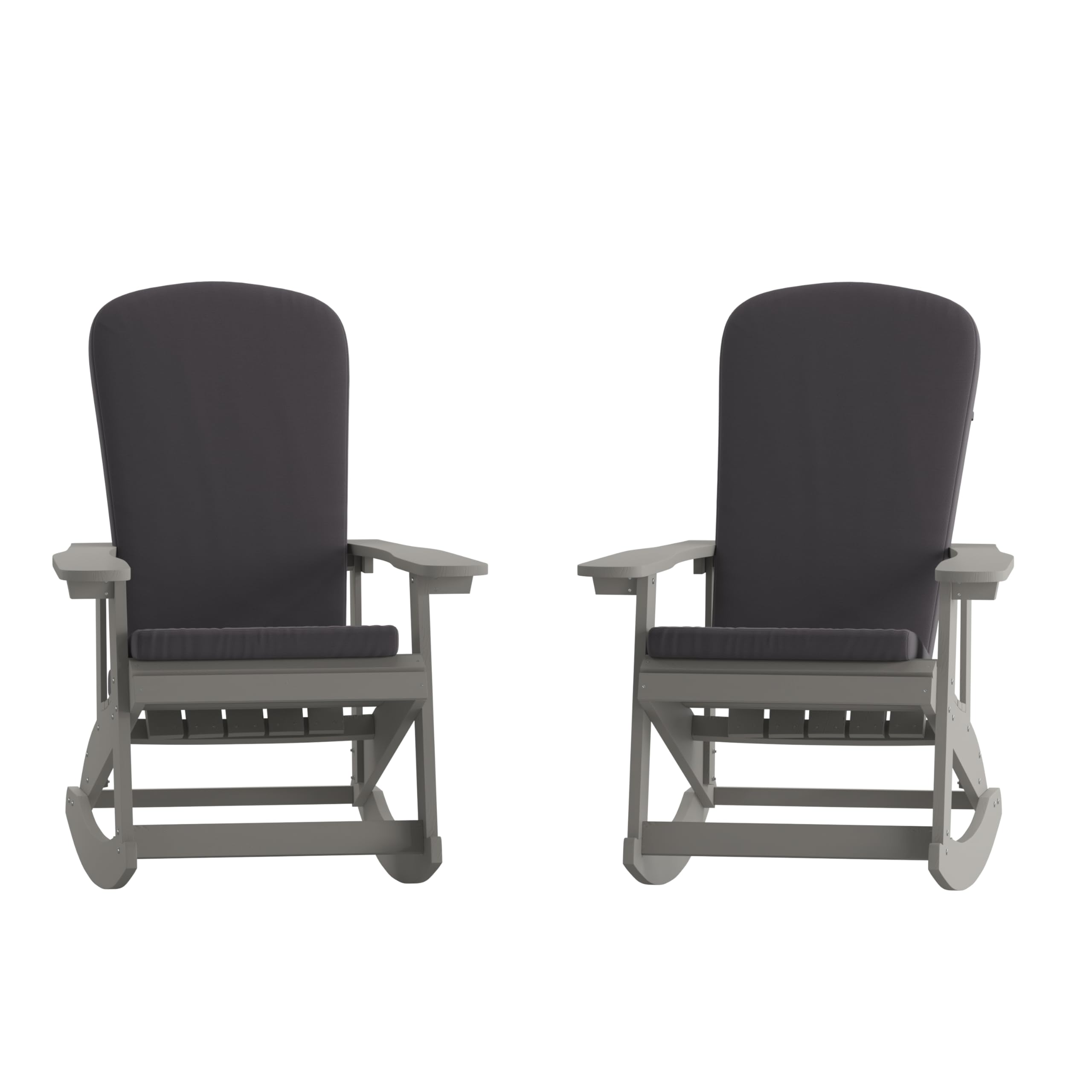 Set of 2 Adirondack Rocking Chairs in Gray with Gray Cushions, Porch, and Patio