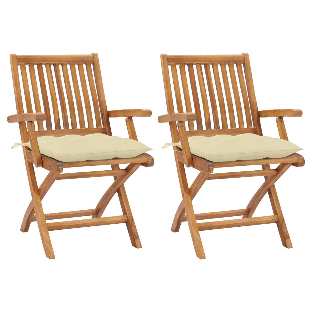 vidaXL 2X Solid Teak Wood Patio Chairs - Cream White Cushions - Foldable Garden Seat - Waterproof - Outdoor Furniture - Deck - 22" x 22.8" x 34.6"