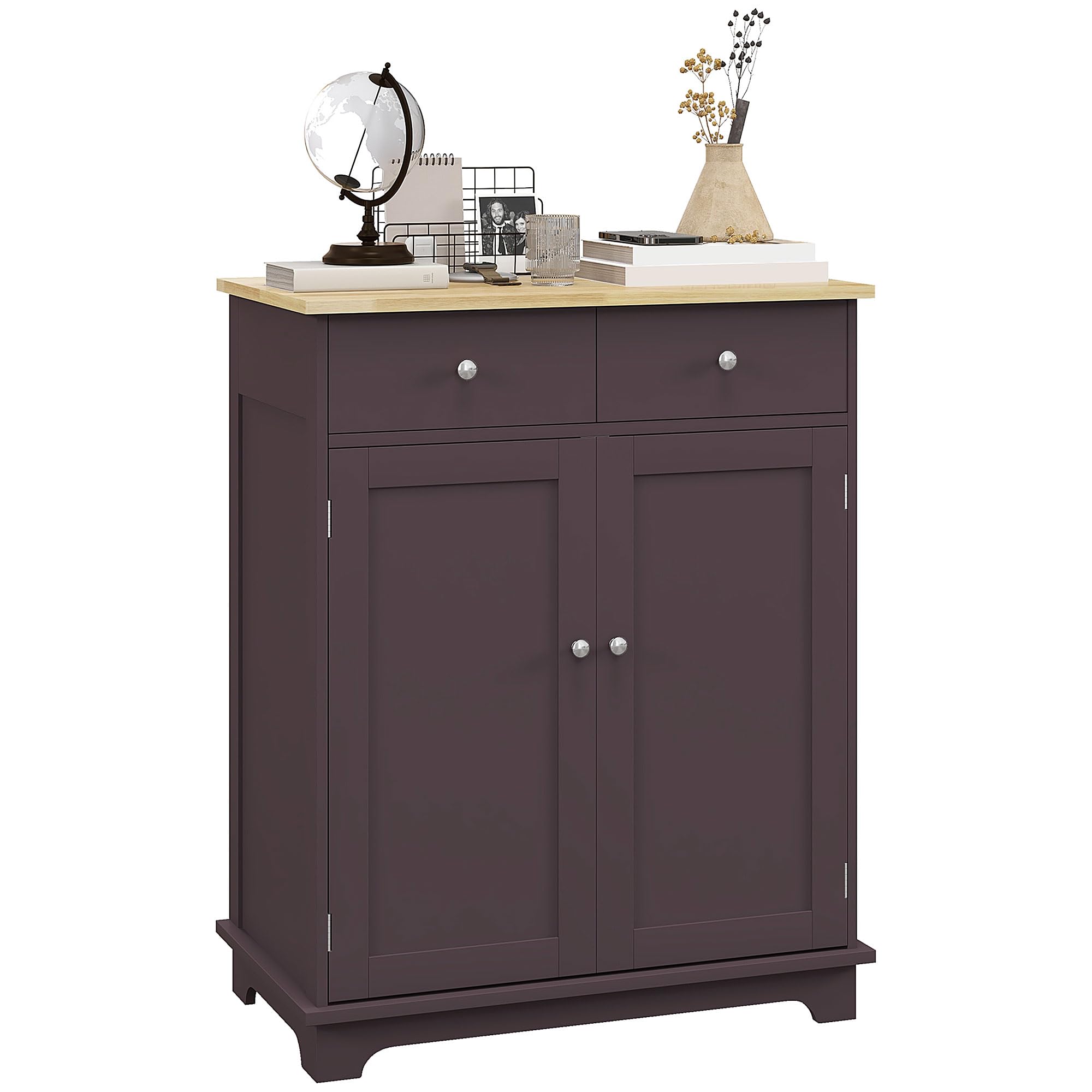 HOMCOM Sideboard with Solid Wood Countertop, Modern Kitchen Storage Cabinet, Coffee Bar Cabinet with 2 Drawers, Doors and Adjust