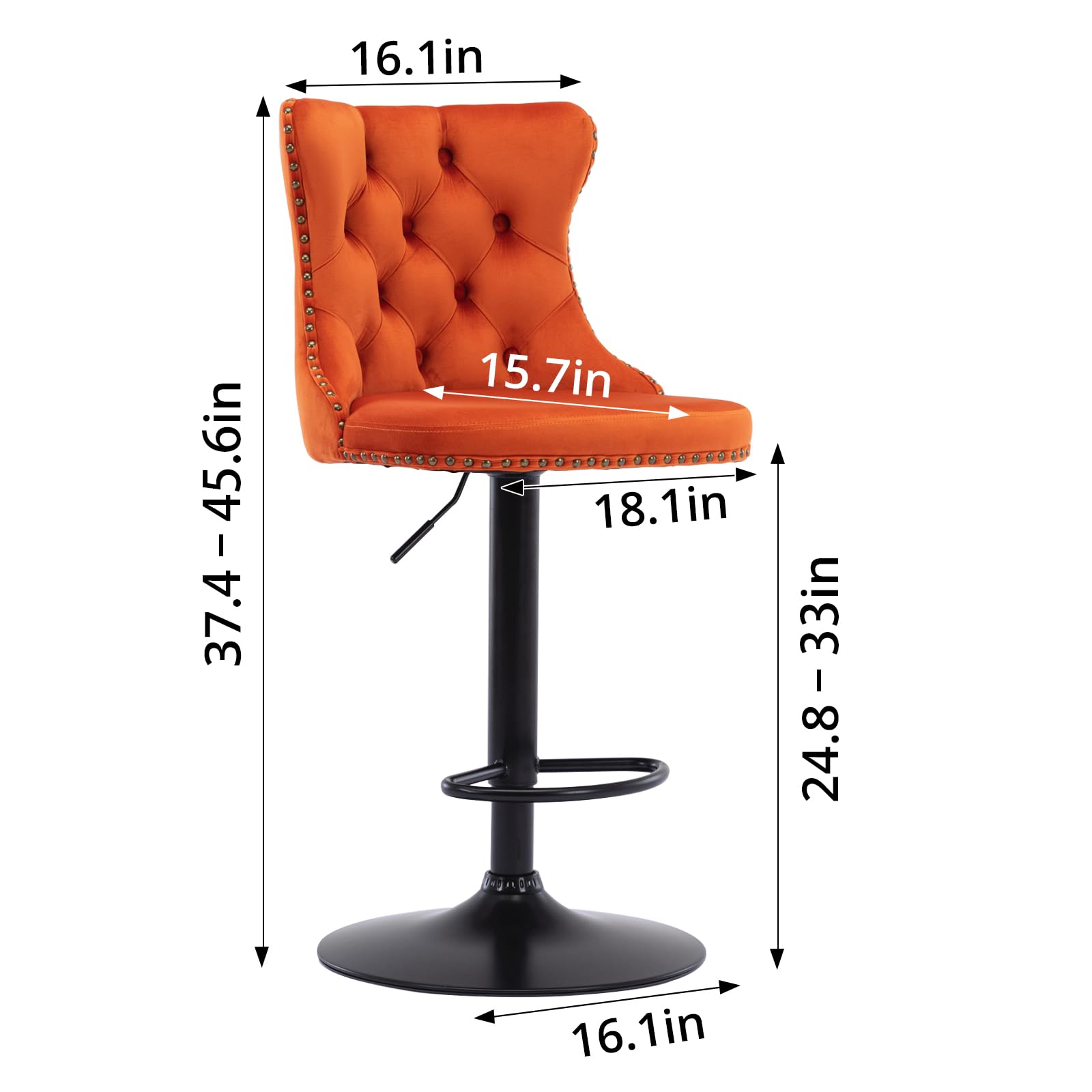 I-Pook Swivel Bar Stools Set Of 2, Adjustable Counter Height Barstools With Nailheads Trim, Button Tufted Back And Black Footrest, Velvet Bar Chairs For Dining Room Home Bar Kitchen Island, Orange