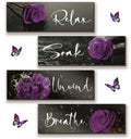 4 Pieces Purple Bathroom Wall Decor Purple Rose Wall Decor Wooden Bathroom Accessories with Relax Soak Unwind Breathe Wall Art F