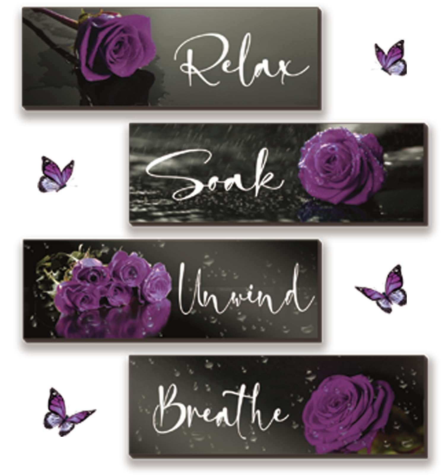 4 Pieces Purple Bathroom Wall Decor Purple Rose Wall Decor Wooden Bathroom Accessories with Relax Soak Unwind Breathe Wall Art F
