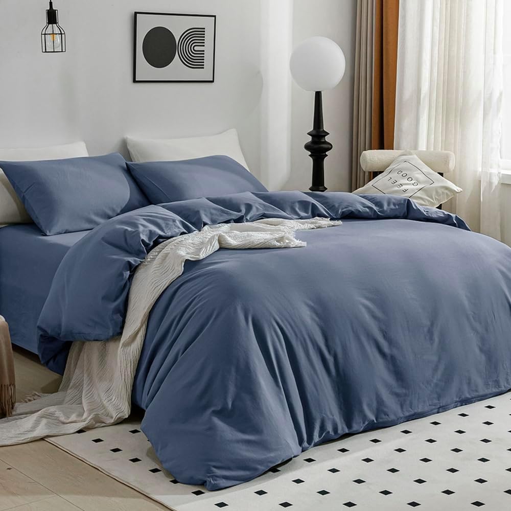 Jellymoni Blue Duvet Cover Full Size - 100% Washed Cotton Linen Like Textured Comforter Cover, 3 Pieces Breathable Soft Bedding