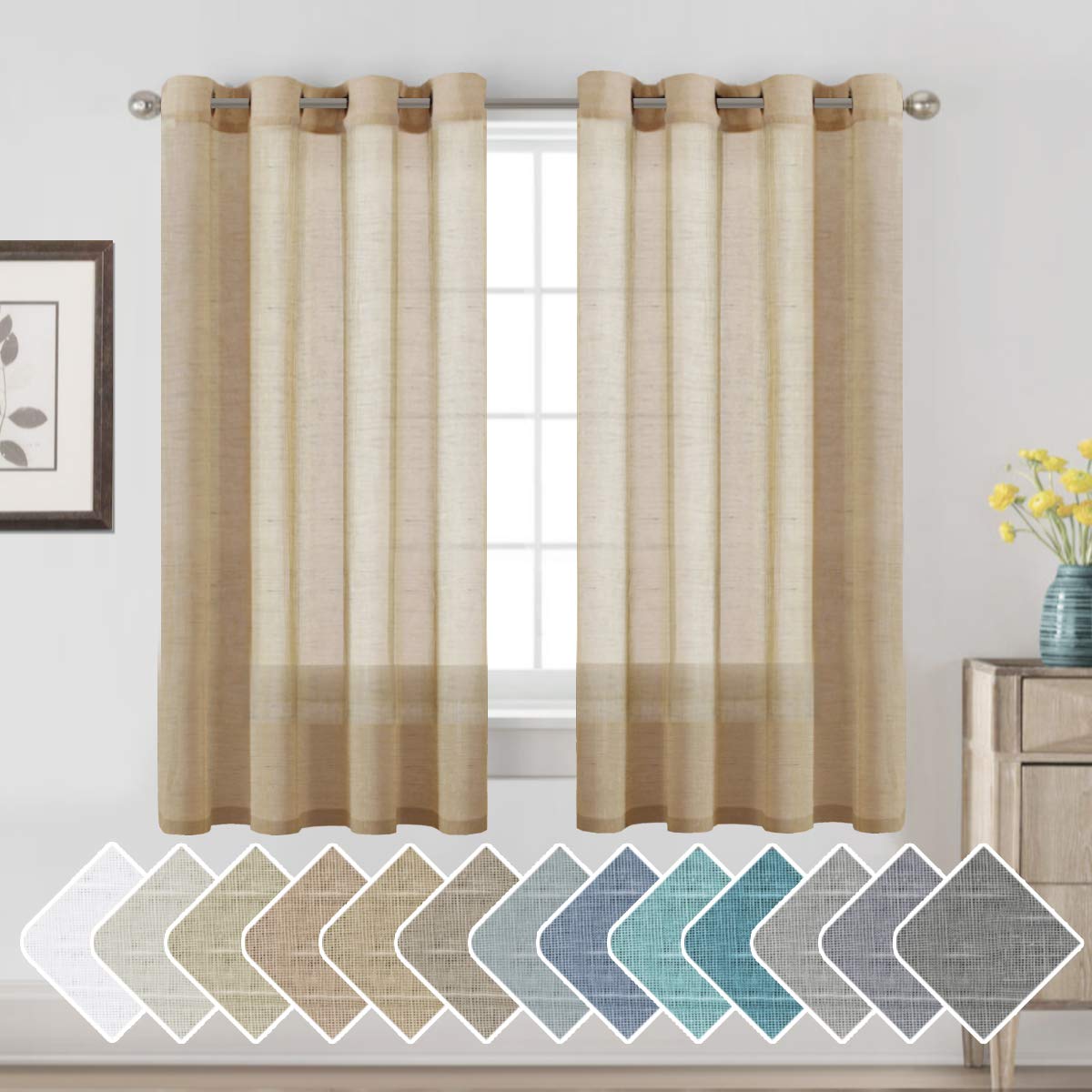 H.Versailtex Privacy Protection Home Fashion Natural Linen Rich Quality Curtain Sheers Multi Size 52X63 - Inch/Nickel Grommet Top Linen Curtain Panels Indoor Curtains (Set Of 2, Taffy)