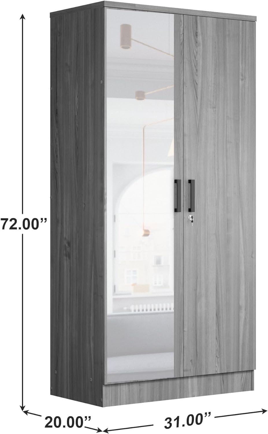 Woodpeckers Furniture And Mattress 2 Doors Wardrobe Mirrored Door (Grey)