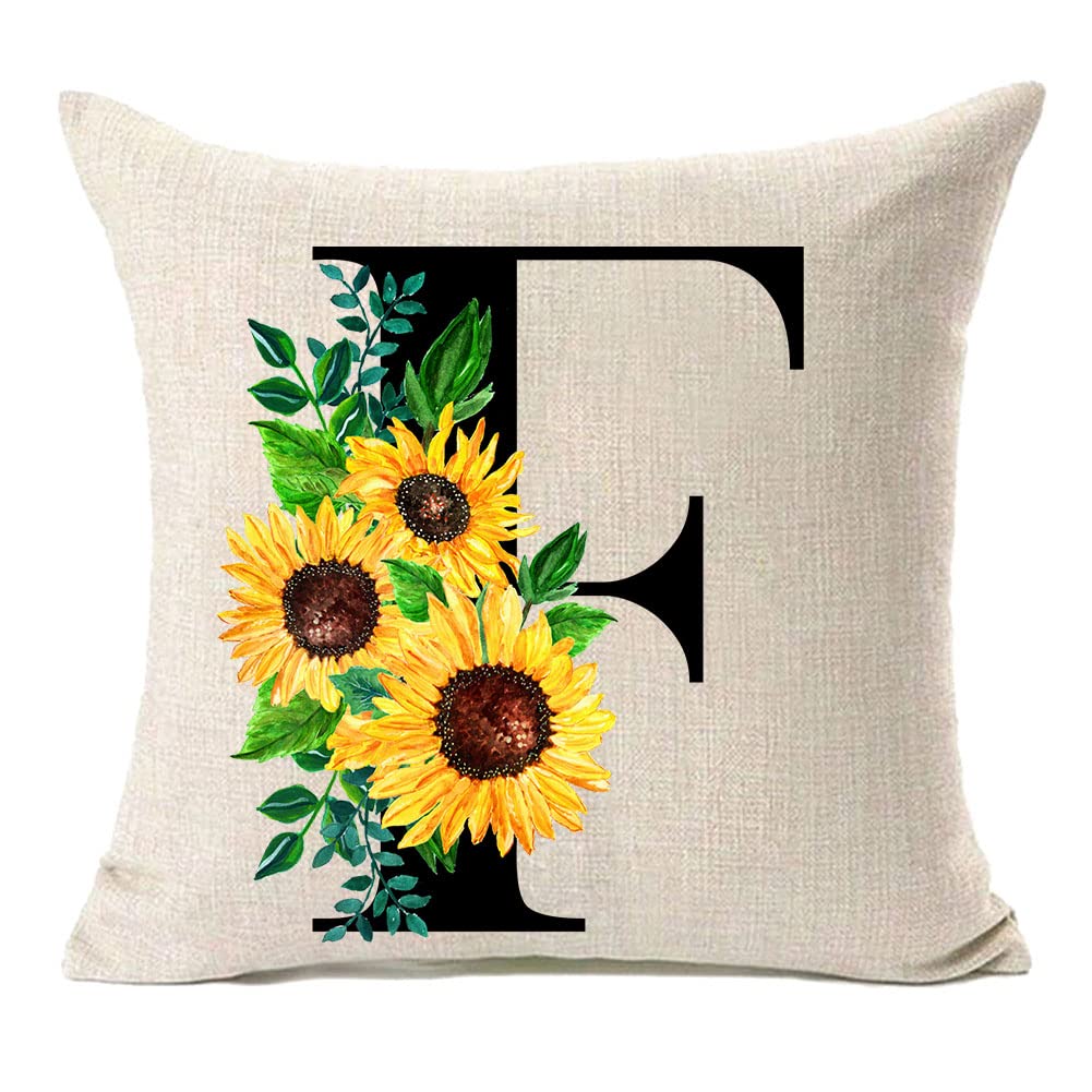 Mfgneh Monogram Letter F Sunflower Pillow Covers 18X18 Inch,Spring Decor Throw Pillow Case Cushion Cover Summer Farmhouse Decor
