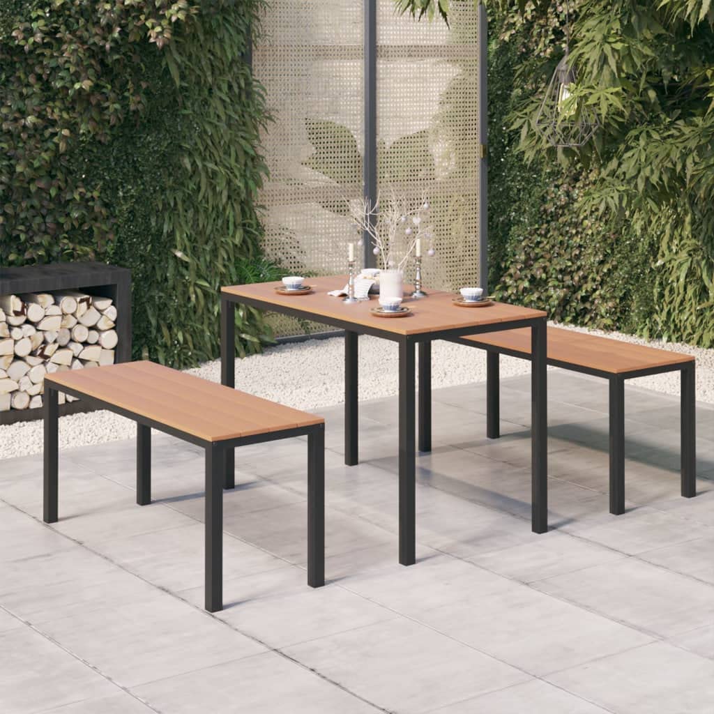 vidaXL Patio Dining Set - Made of Steel and WPC, Brown and Black, Weather-Resistant, Rectangular Table with Benches, Outdoor Furniture Set, Requires Assembly