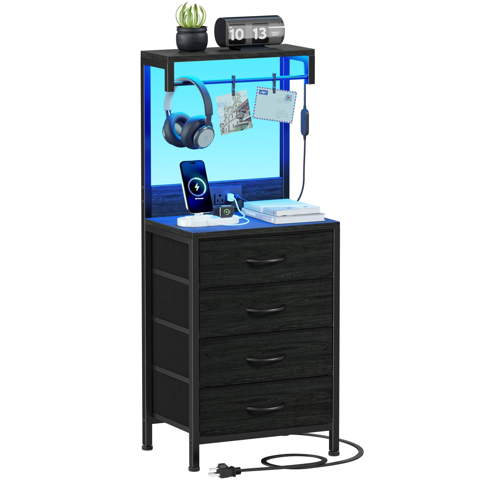 Furnulem Tall Nightstand with 4 Drawers, Night Stand with LED Lights and Charging Station, Bedside Table with Storage Shelves, E