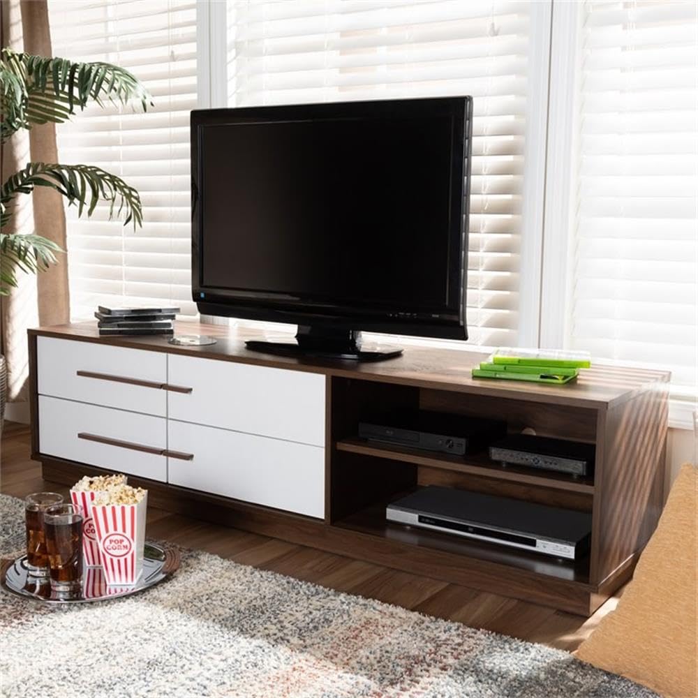 Baxton Studio Mette Mid-Century Modern Two-Tone White and Walnut Finished 4-Drawer Wood TV Stand
