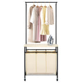 MYOYAY 3 Section Laundry Sorter with Garment Hanging Bar Rack Foldable Ironing Board, Laundry Basket Organizer Heavy Duty Laundr