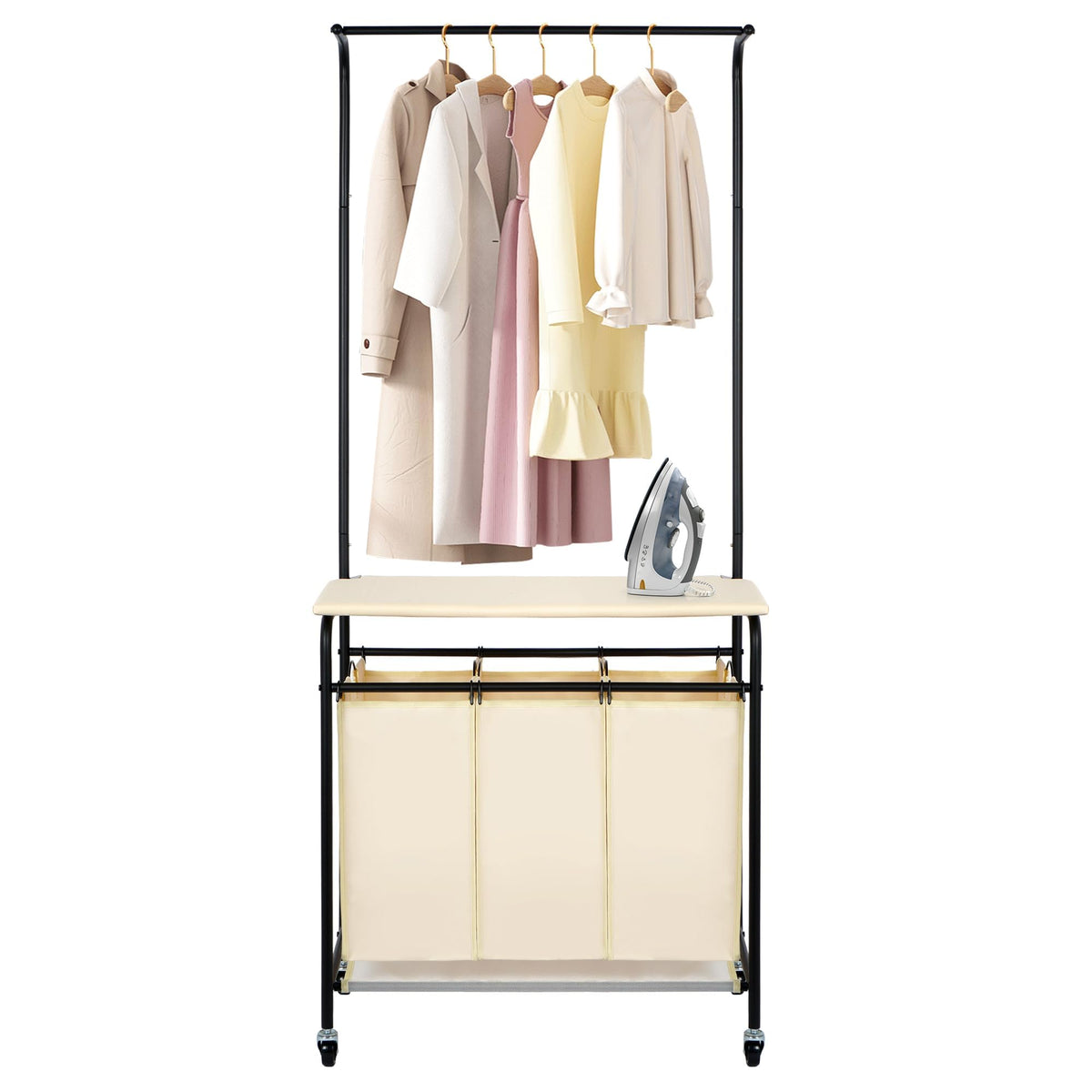 MYOYAY 3 Section Laundry Sorter with Garment Hanging Bar Rack Foldable Ironing Board, Laundry Basket Organizer Heavy Duty Laundr