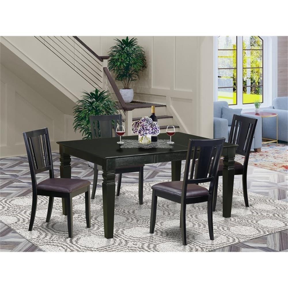 East West Furniture WEDU5-BLK-LC 5 Piece Dinette Set for 4 Includes a Rectangle Dining Table with Butterfly Leaf and 4 Faux Leather Dining Room Chairs, 42x60 Inch, Black