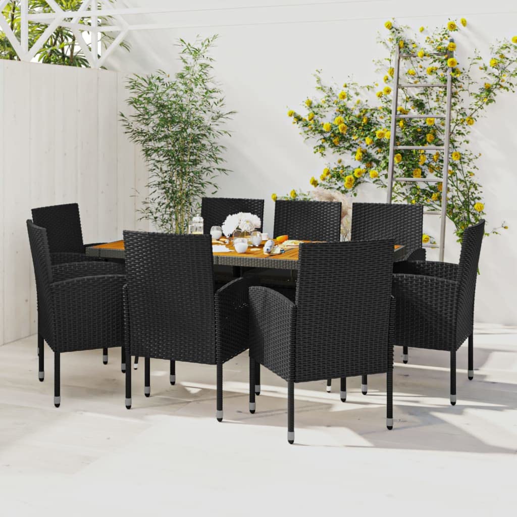 vidaXL 9-Piece Patio Dining Set - Waterproof PE Rattan, Steel, and Solid Acacia Wood Construction - Cushions Included - Black Color