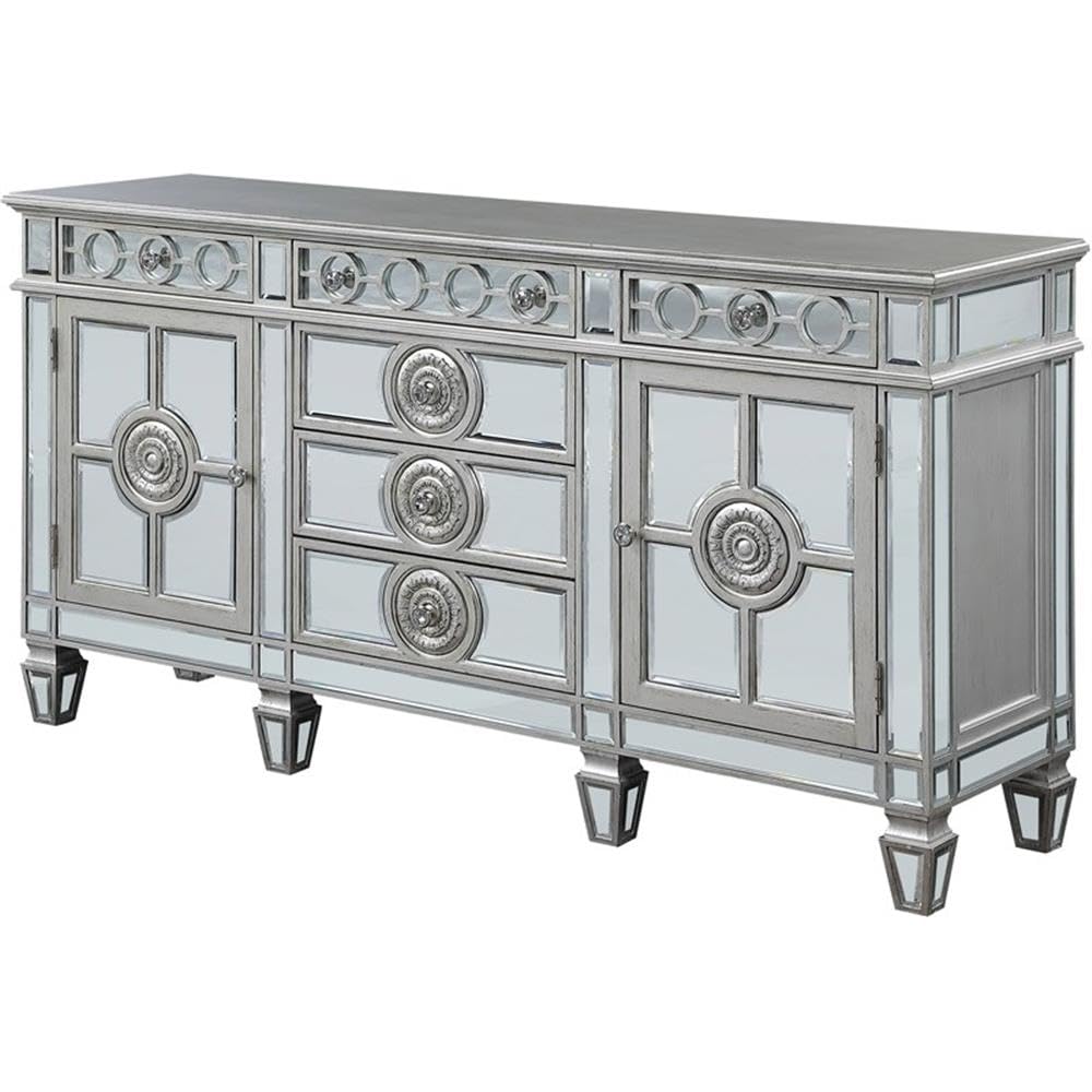 Acme Varian 6-Drawer Wooden Server with 2 Doors in Mirrored and Antique Platinum