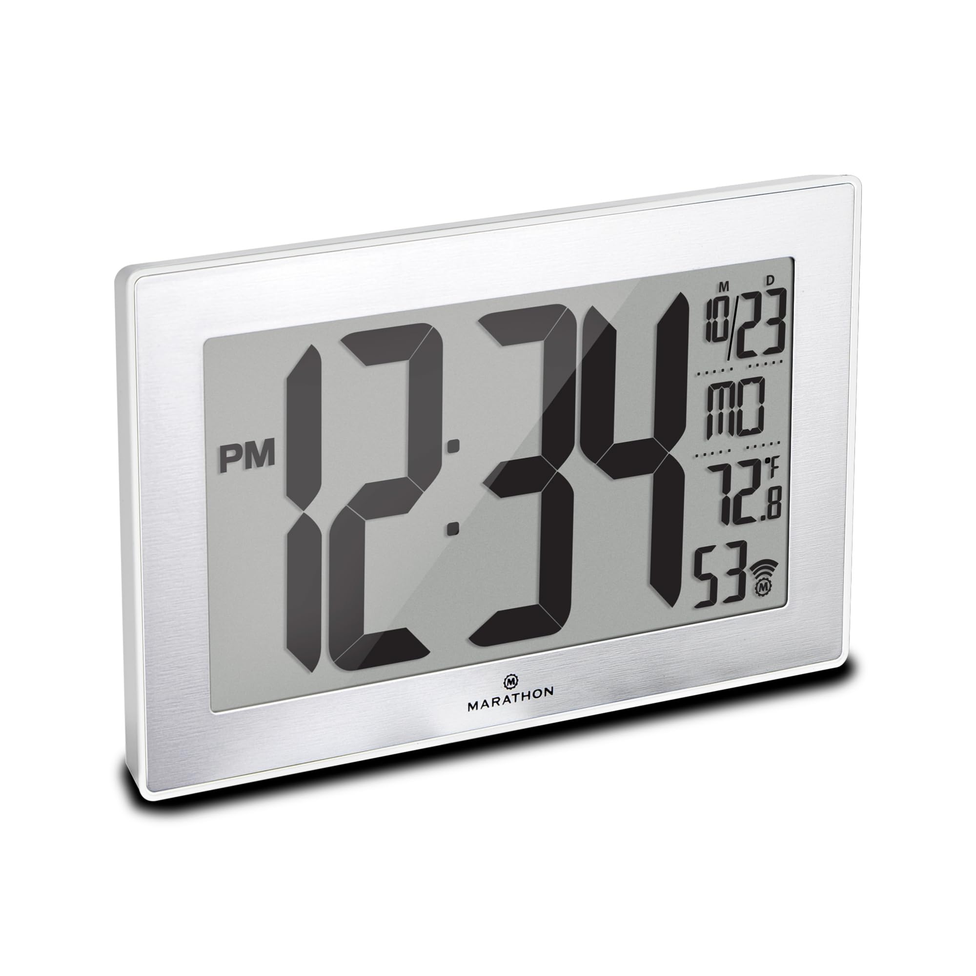 MARATHON Atomic Wall Clock with Stand, White Frame/Stainless Steel Finish - Large, 9-Inch Display - AM/PM or 24-Hour Time Format