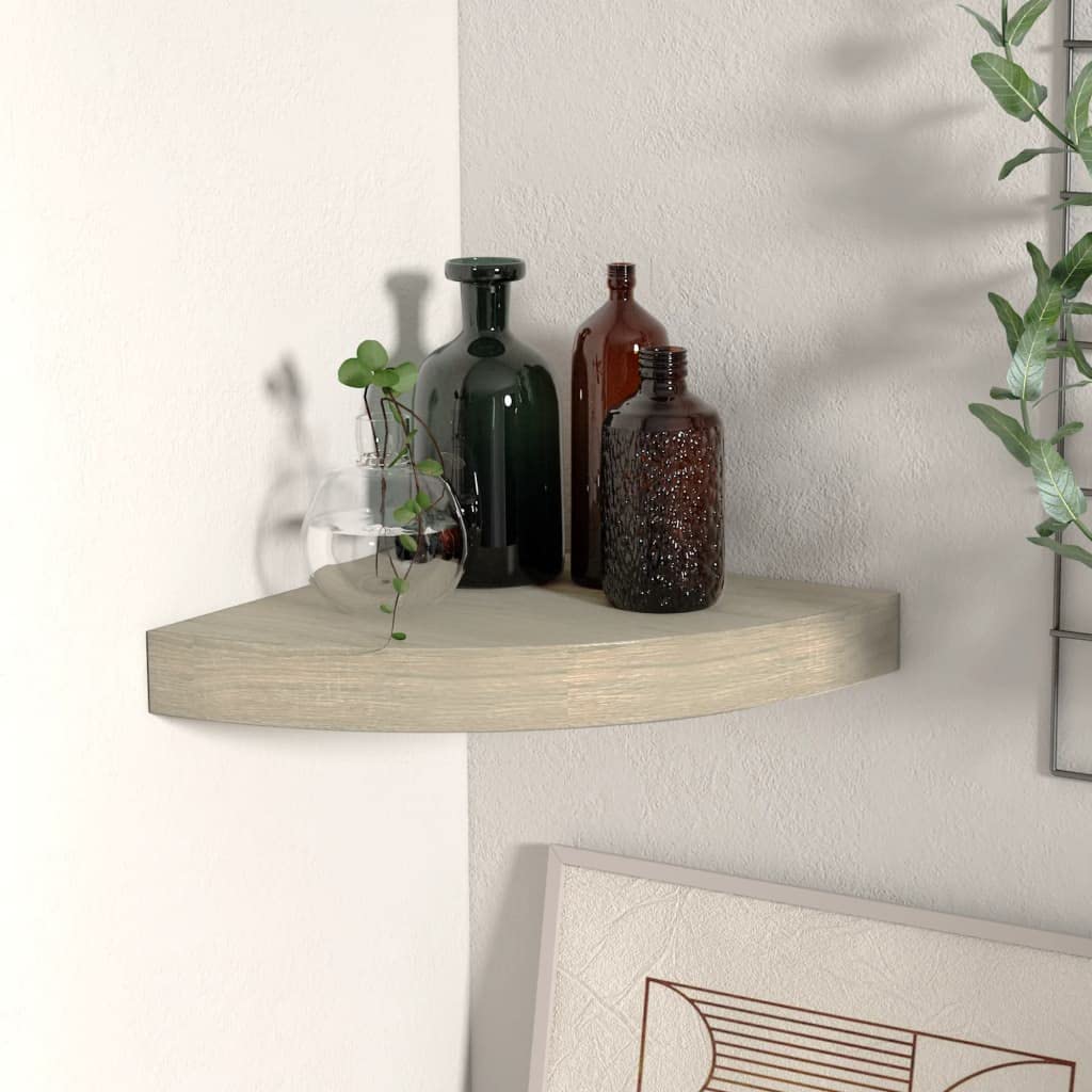 vidaXL Modern Floating Corner Shelf in Oak Finish, 9.8&quot;x9.8&quot;x1.5&quot;, Honeycomb MDF and Metal Material, Invisible Mounting System