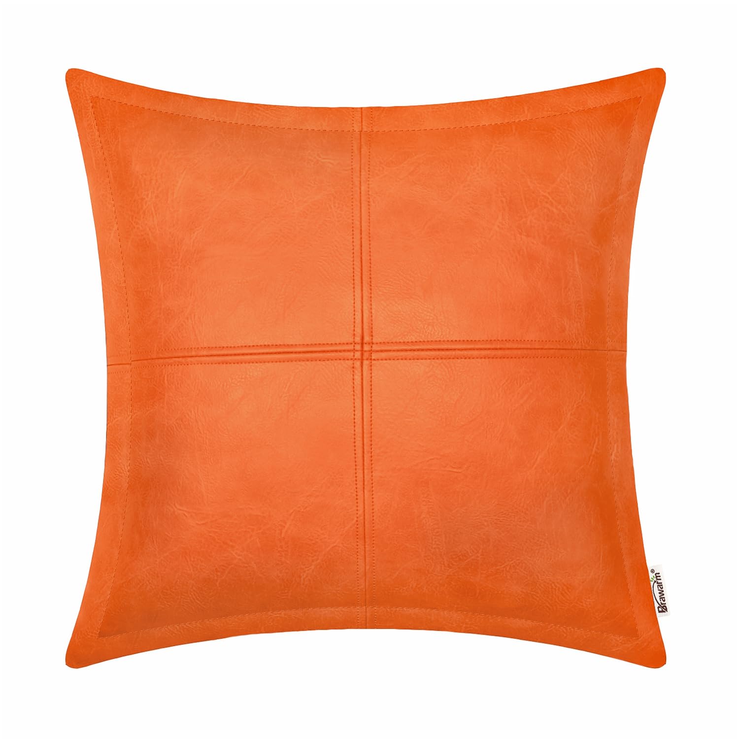 Brawarm Orange Leather Throw Pillow 18 X 18 Inches, Faux Leather Pillow Cover With Piping, Hand Stitched Leather Decorative Thro