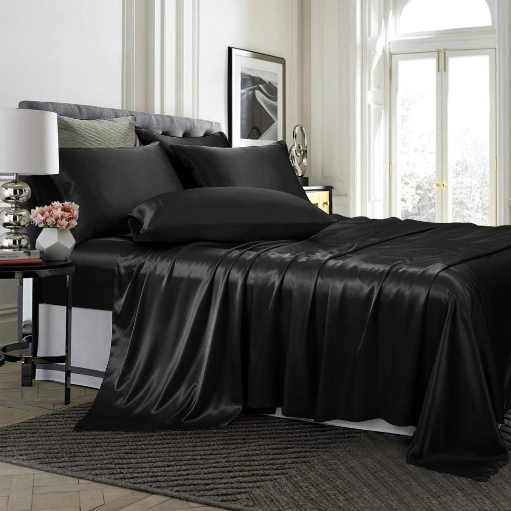 Treely 6 Piece Satin Sheets Full Size Silky Smooth Black Satin Sheet Set With Deep Pocket, Satin Fitted Sheet, Flat Sheet, 4 Sat