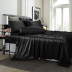 Treely 6 Piece Satin Sheets Full Size Silky Smooth Black Satin Sheet Set With Deep Pocket, Satin Fitted Sheet, Flat Sheet, 4 Sat
