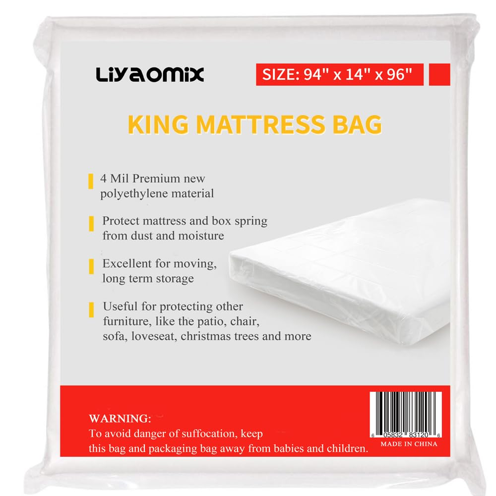 Liyaomix Mattress Bag For Moving, King/California King Mattress Storage Bag, 4 Mil 94 X 96 Inch Heavy Duty Plastic Mattress Cove