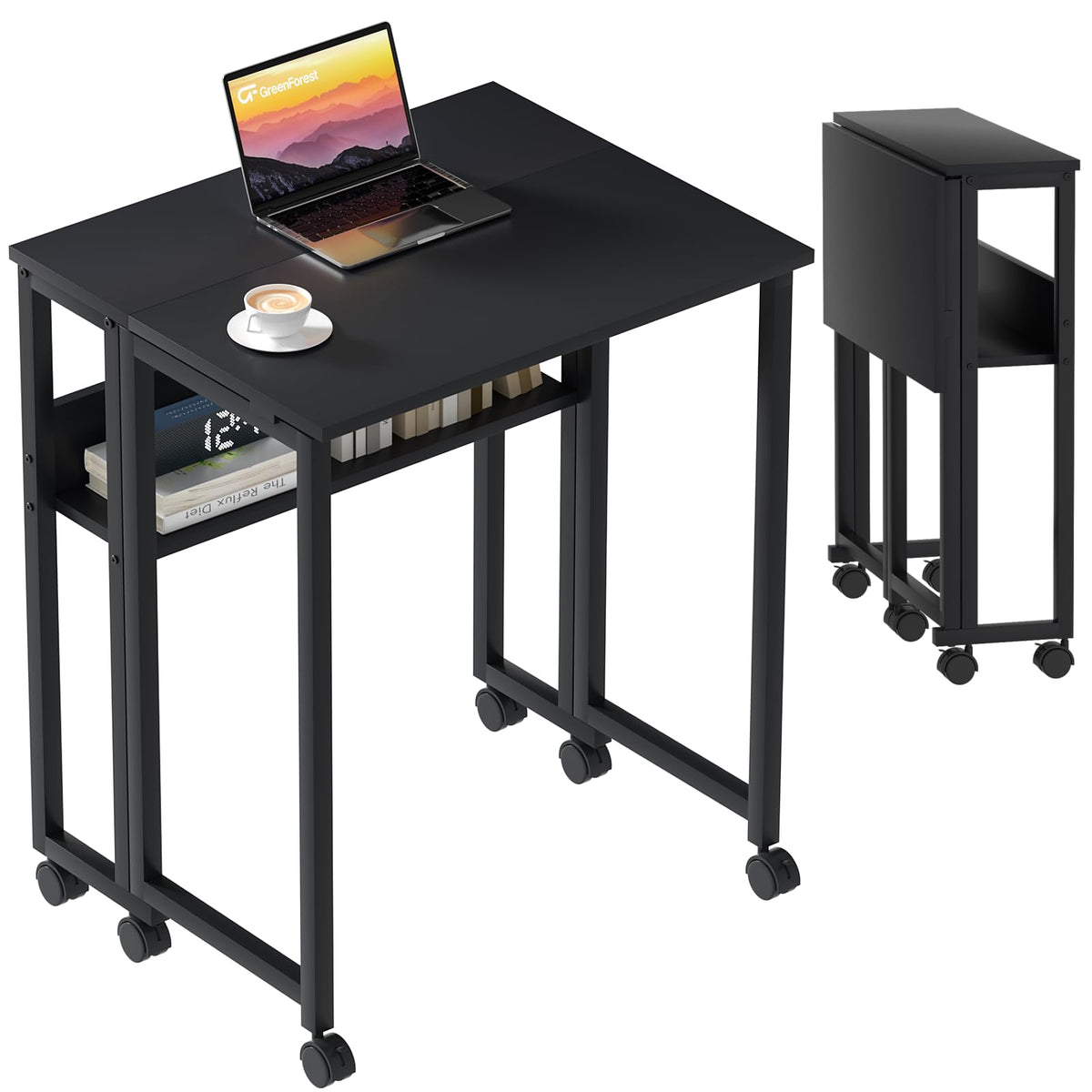 Greenforest Folding Desk Small Rolling Desk With Storage Shelf,24.8 Inch Foldable Computer Desk With Wheels For Small Space,Easy Assembly,Black