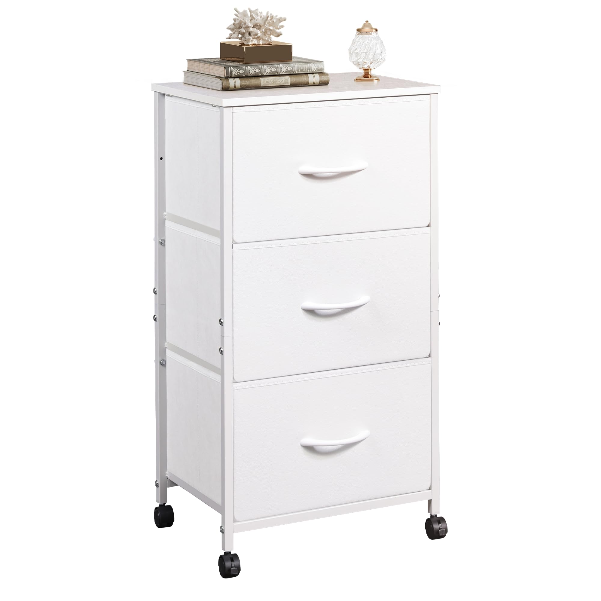 Wlive Dresser With 3 Drawers, Fabric Nightstand, Cabinet With Wheels, Organizer Storage Dresser For Bedroom, Office, Entryway, Closets, Sturdy Steel Frame, Wood Top, Easy Pull Handle, White