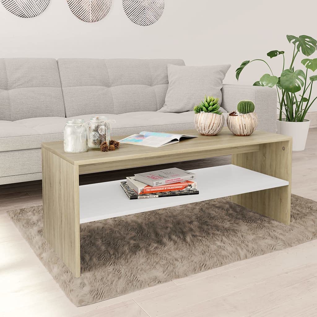 vidaXL Coffee Table with Shelf - Elegantly Designed Living Room Centerpiece - Constructed from Resistant Engineered Wood - Multifunctional White and Sonoma Oak Coffee Table.
