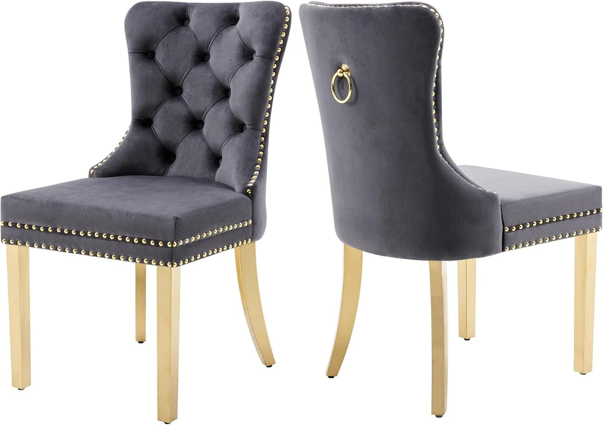 Goolon Dining Room Chairs Set Of 2, Tufted Velvet Chairs With Golden Stainless Legs, Rivet Trim Metal Pull Ring Large Back For K