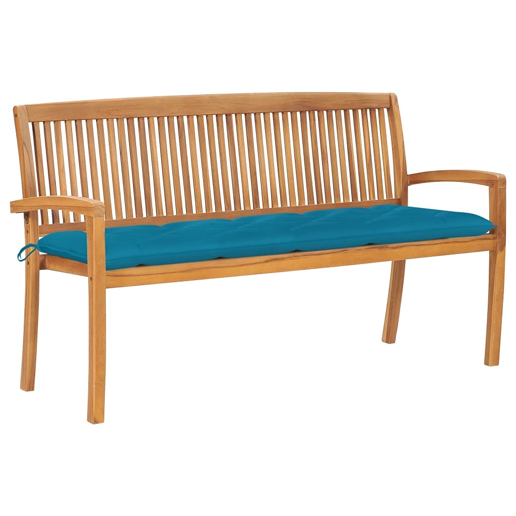 vidaXL Stackable Patio Bench with Cushion - Durable Teak Wood Outdoor Furniture - Ample Sized Garden Bench with Decorative Light Blue Cushion