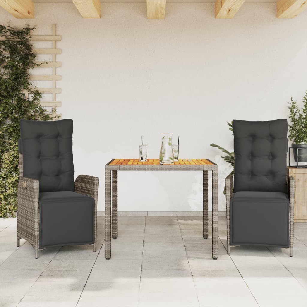 vidaXL 5-Piece Gray Patio Dining Set - PE Rattan Chairs with Cushions and Adjustable Reclining Backs, Acacia Wood Table for Outdoor Garden, Backyard, and Patio