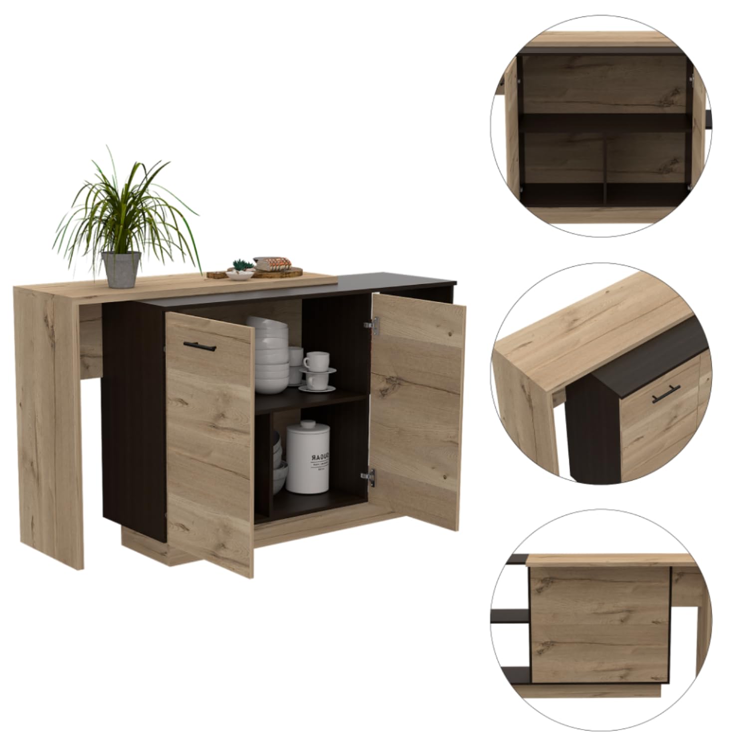 Depot E-Shop Creta Kitchen Island,Double Door Cabinets,Two External Shelves,Three Shelves,Black/Light Oak