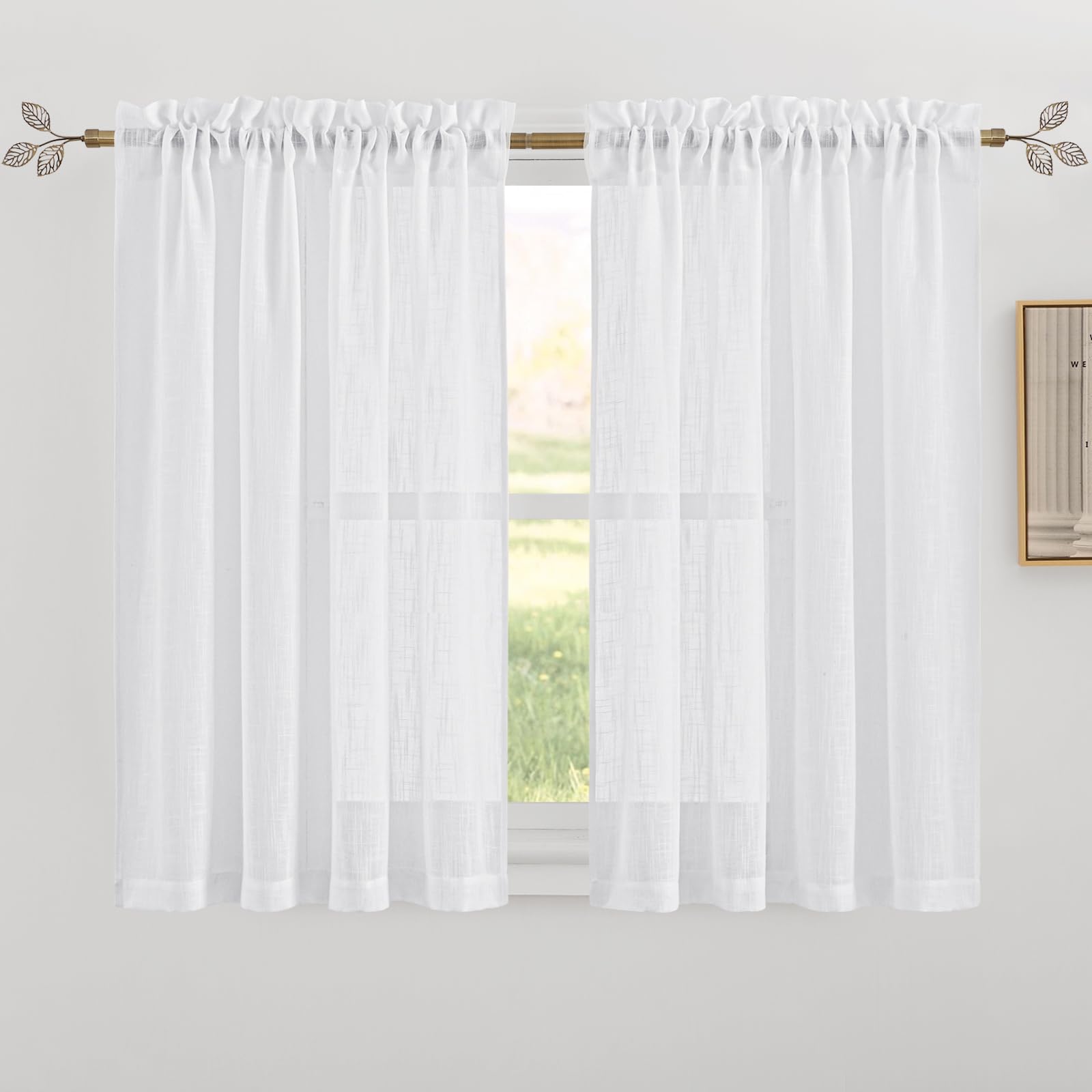RYB HOME Short White Linen Curtains 45 inches Long, Cortinas para Cuarto Semi Sheer Curtains Rod Pocket Bedroom Kitchen Bathroom