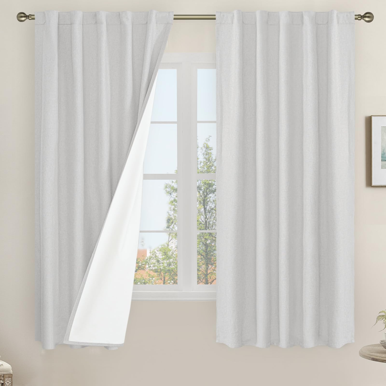 LAMIT 100% Blackout Linen Curtains, 63 Inches Linen Textured Thermal Bedroom Curtains Back Tab and Rod Pocket Neutral Panels wit
