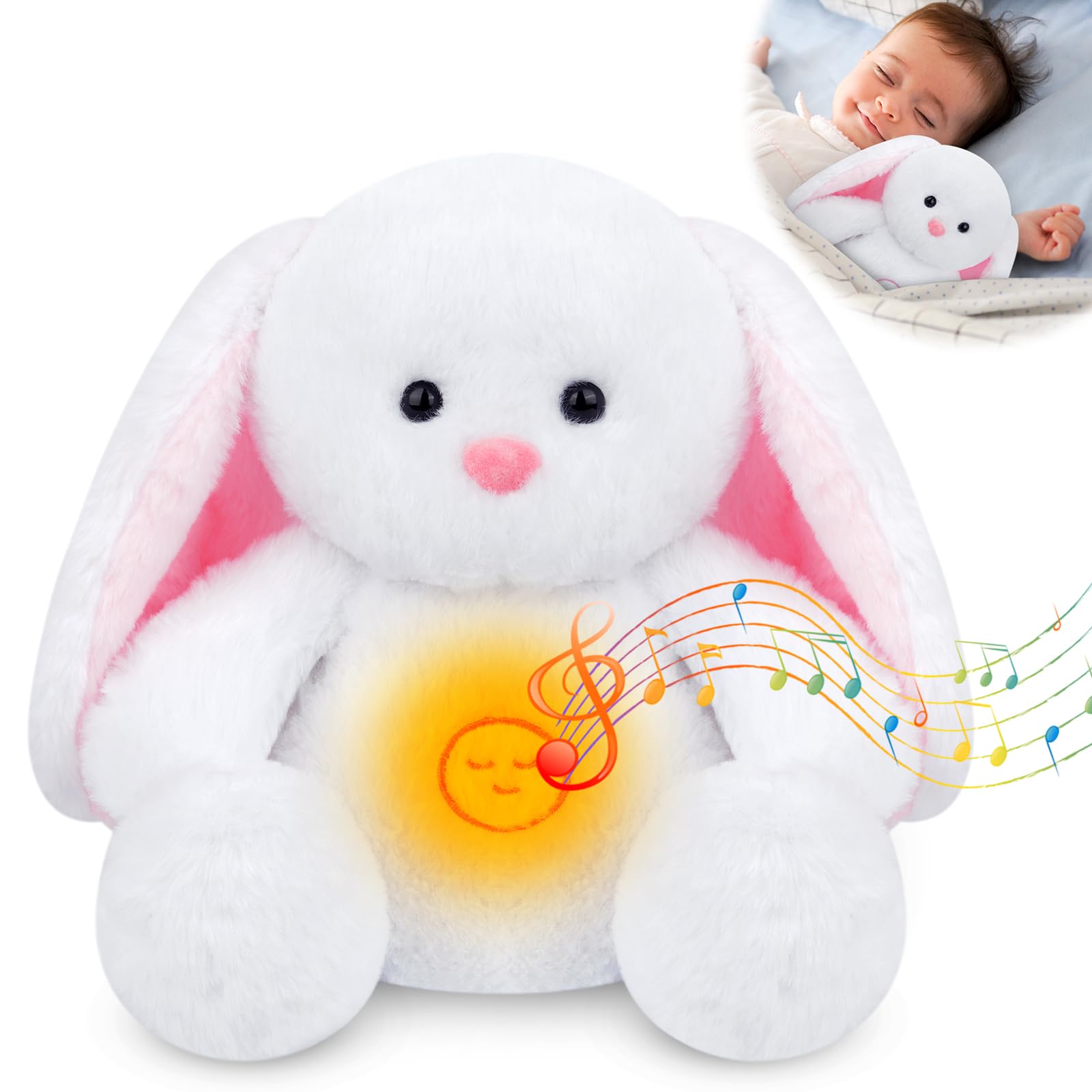 Kophinye Breathing Bunny Stuffed Animal, 10In White Breathing Stuffed Animal With Soothing Sound Music Lighting, Huggable Sleepi