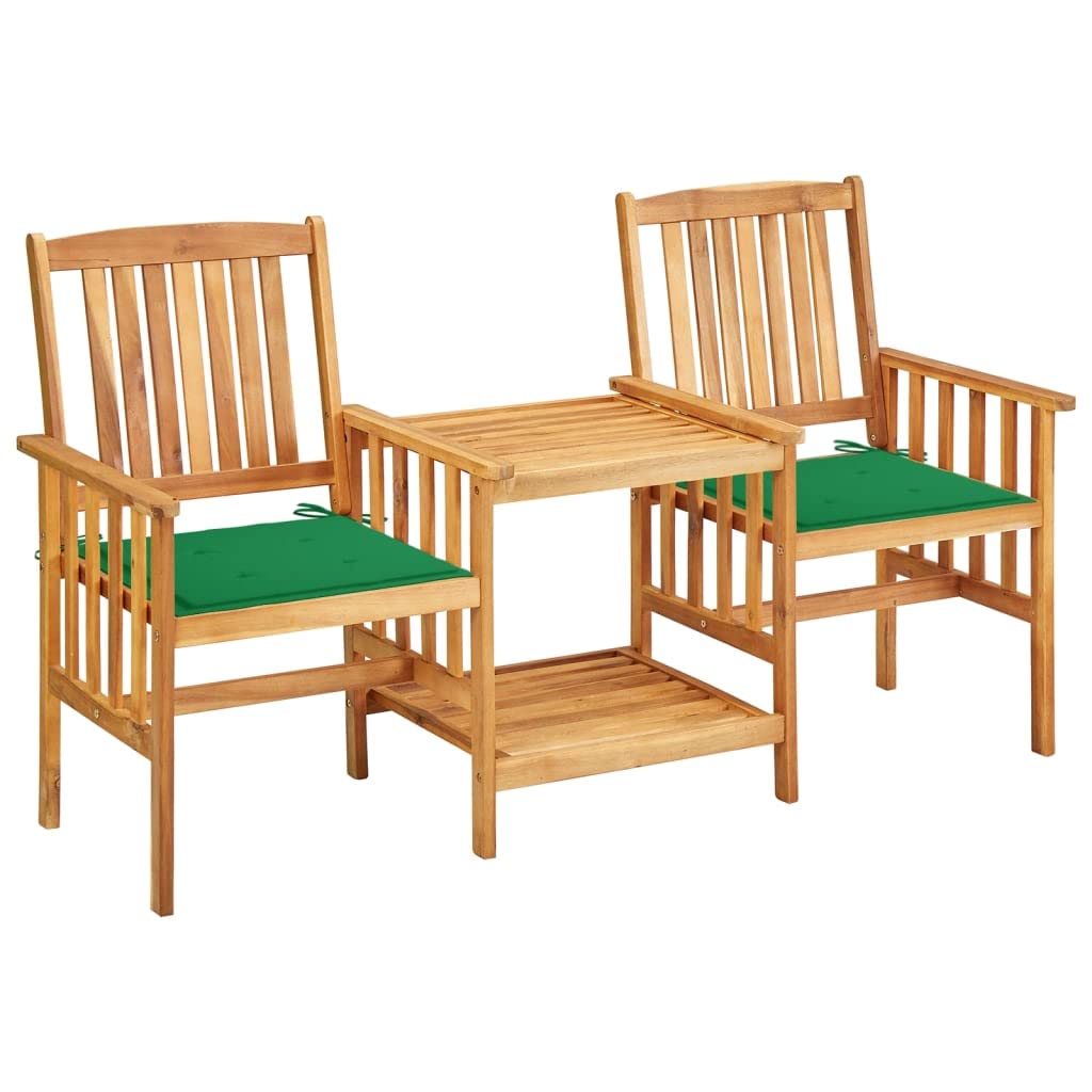vidaXL Rustic Solid Acacia Wood Bistro Set with Tea Table and Cushions, Comfortable Outdoor Patio Chairs, User-Friendly Garden Furniture.