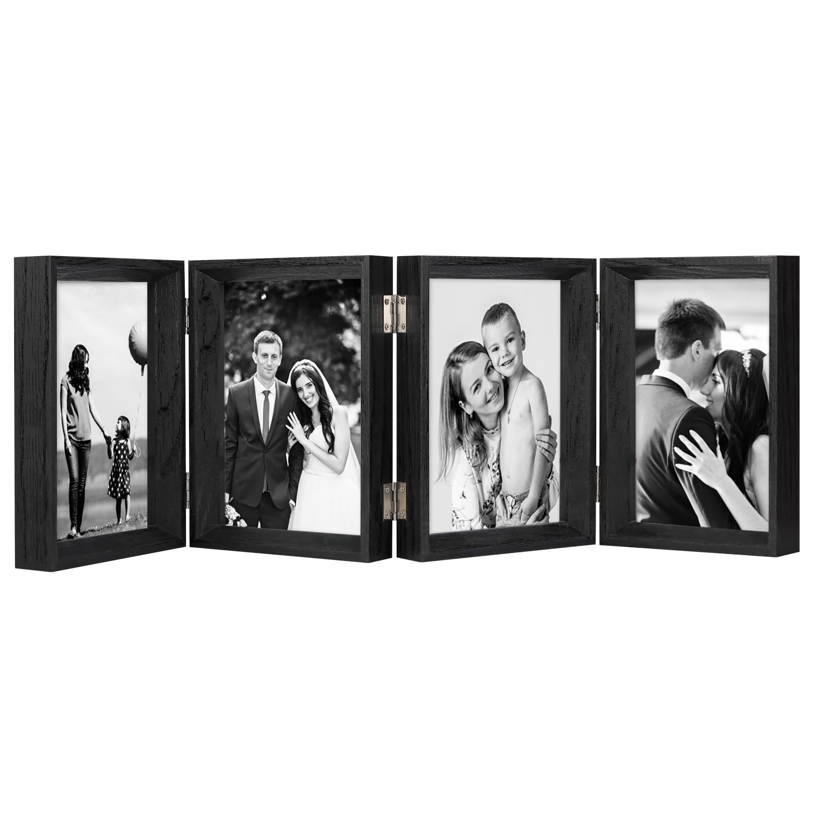 5x7 Hinged Picture Frames Black Beveled Wood with Real Glass 4 Vertical Opening Family Lover Gift