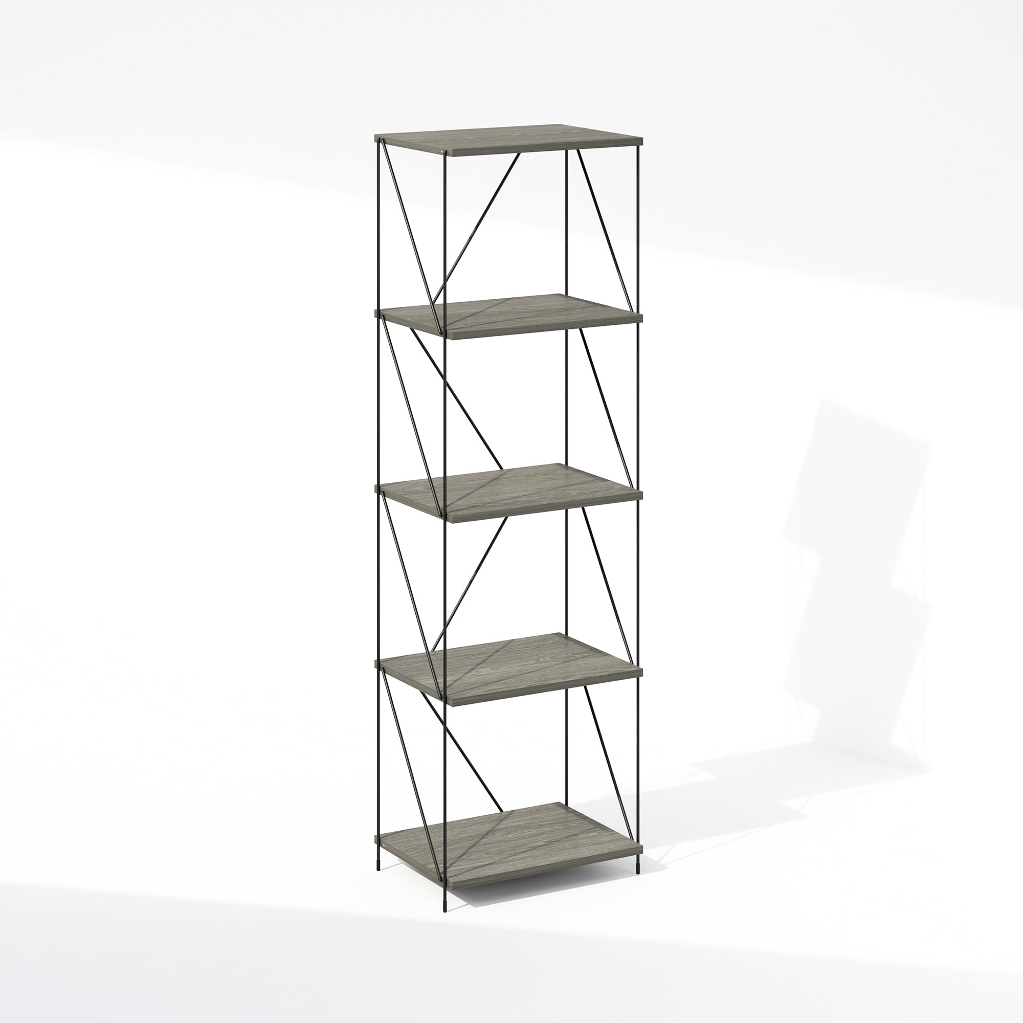 Furinno Wire 5-Tier Industrial Style Metal Frame Bookcase, Display Shelf, 16 Wide, Finn Oak
