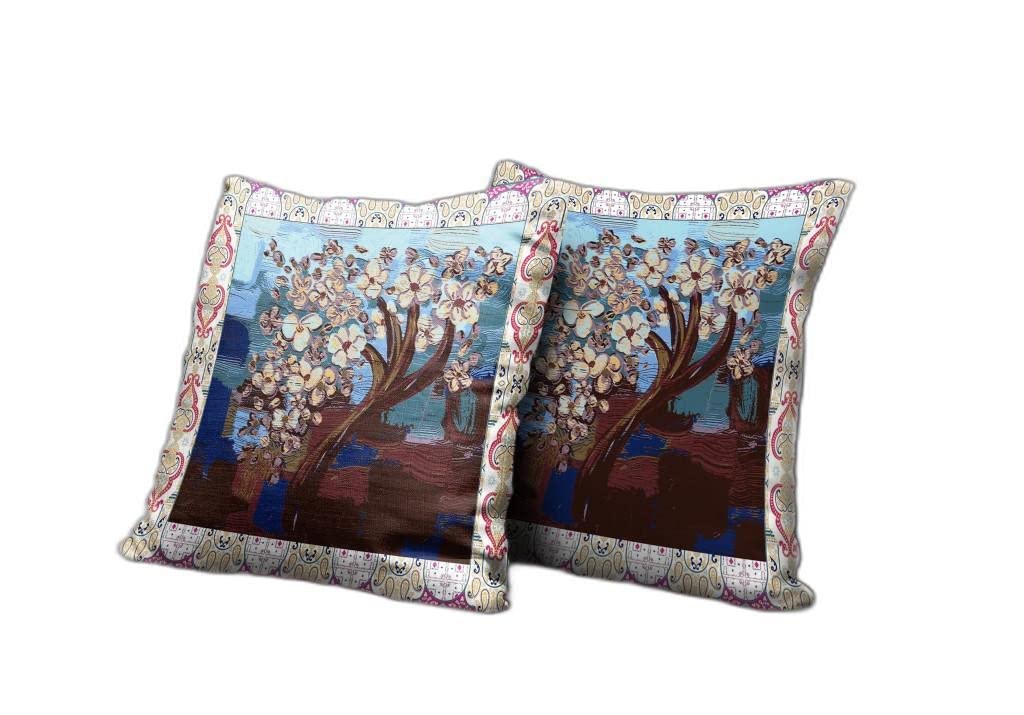 HomeRoots Set of Two 16' X 16' Blue Brown Zippered Suede Floral Throw Pillow