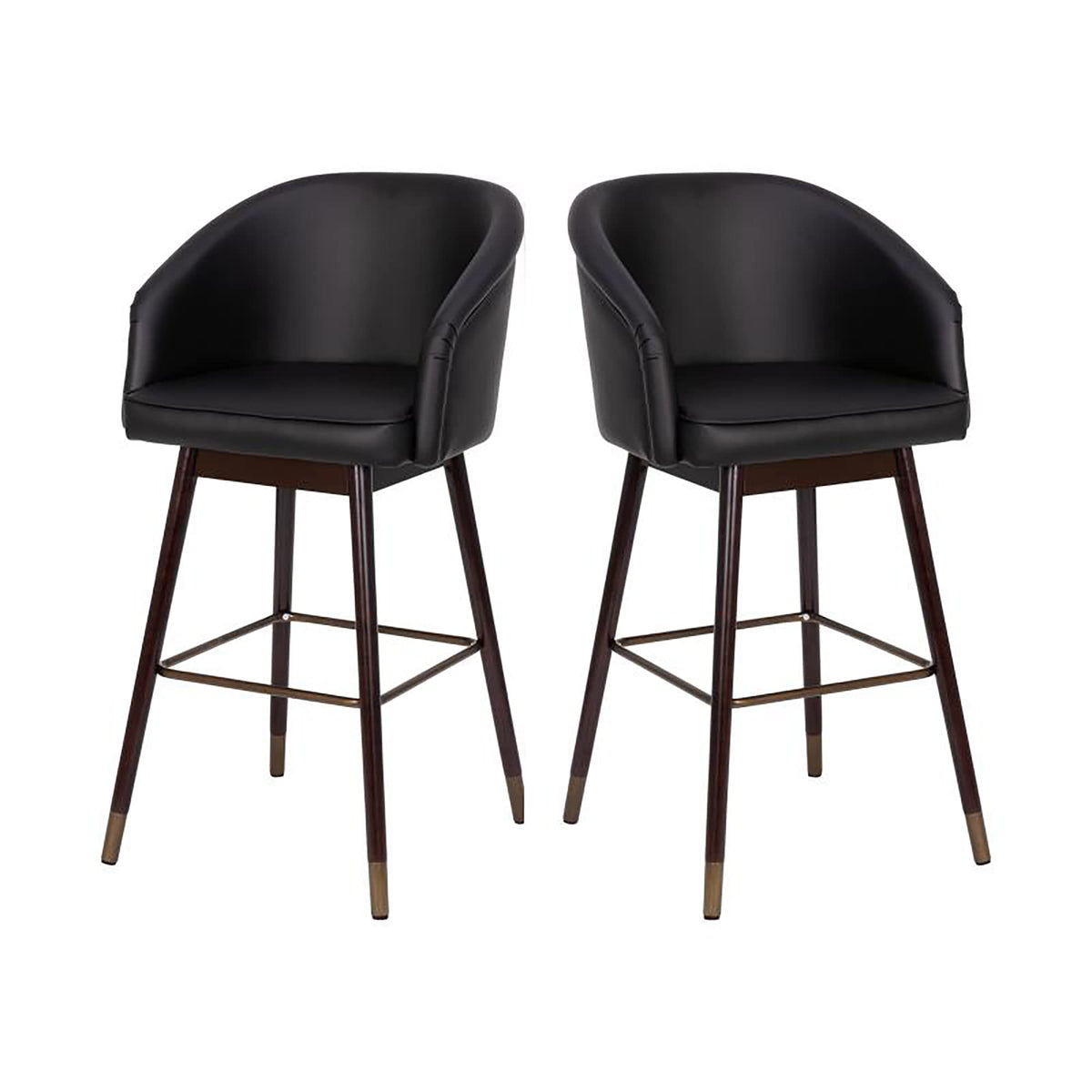 Flash Furniture Margo 30&quot; Commercial Grade Mid-Back Modern Barstool with Walnut Finish Beechwood Legs and Curved Back, Black LeatherSoft/Bronze Accents (Pack of 2)