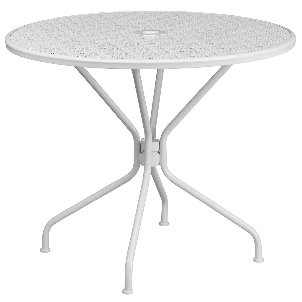 Flash Furniture Oia Commercial Grade 35.25" Round White Indoor-Outdoor Steel Patio Table with Umbrella Hole