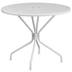 Flash Furniture Oia Commercial Grade 35.25" Round White Indoor-Outdoor Steel Patio Table with Umbrella Hole