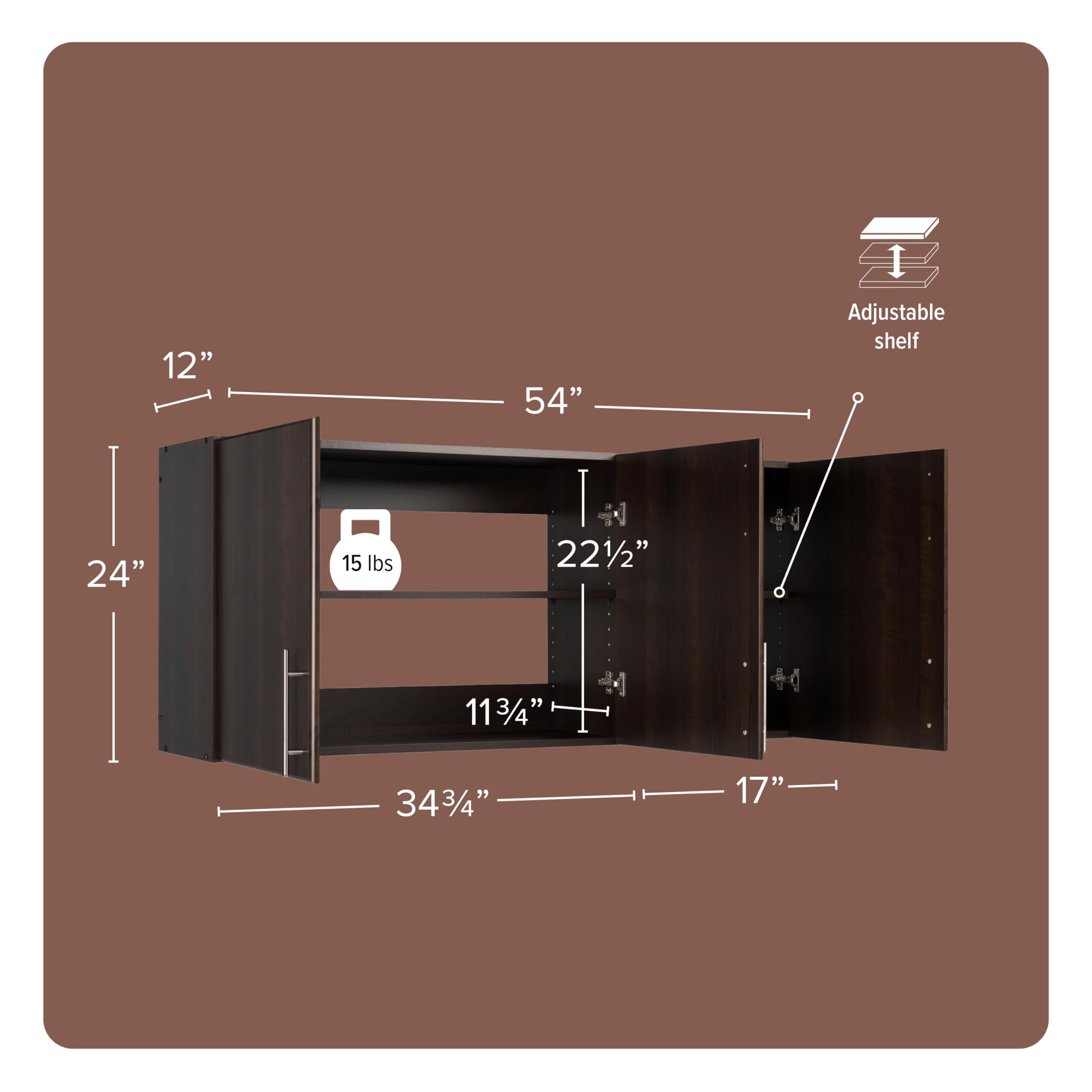 Prepac Elite 54' Wall Cabinet,Brown Storage Cabinet, Bathroom Cabinet, Pantry Cabinet With 2 Adjustable Shelves 12' D X 54' W X 24' H