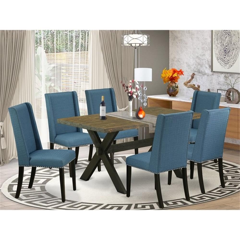 East West Furniture X676Fl121-7 7 Piece Dining Room Furniture Set Consist Of A Rectangle Dining Table With X-Legs And 6 Blue Linen Fabric Upholstered Chairs, 36X60 Inch, Multi-Color