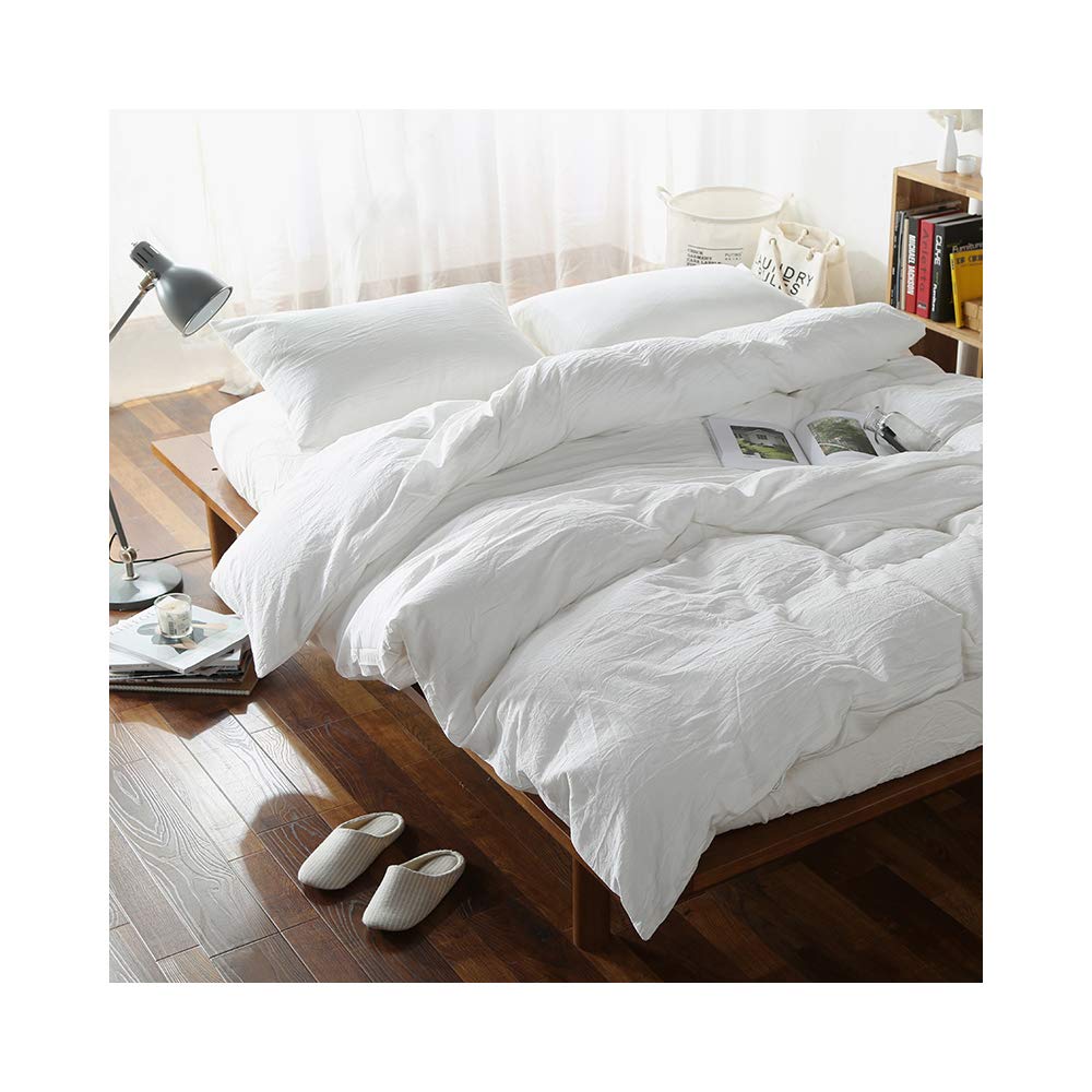 F.Y.Dreams 100% Washed Cotton Duvet Cover For Weighted Blanket 80X87 Inches With 8 Ties, Zipper On Long Side/White/Just Duvet Co