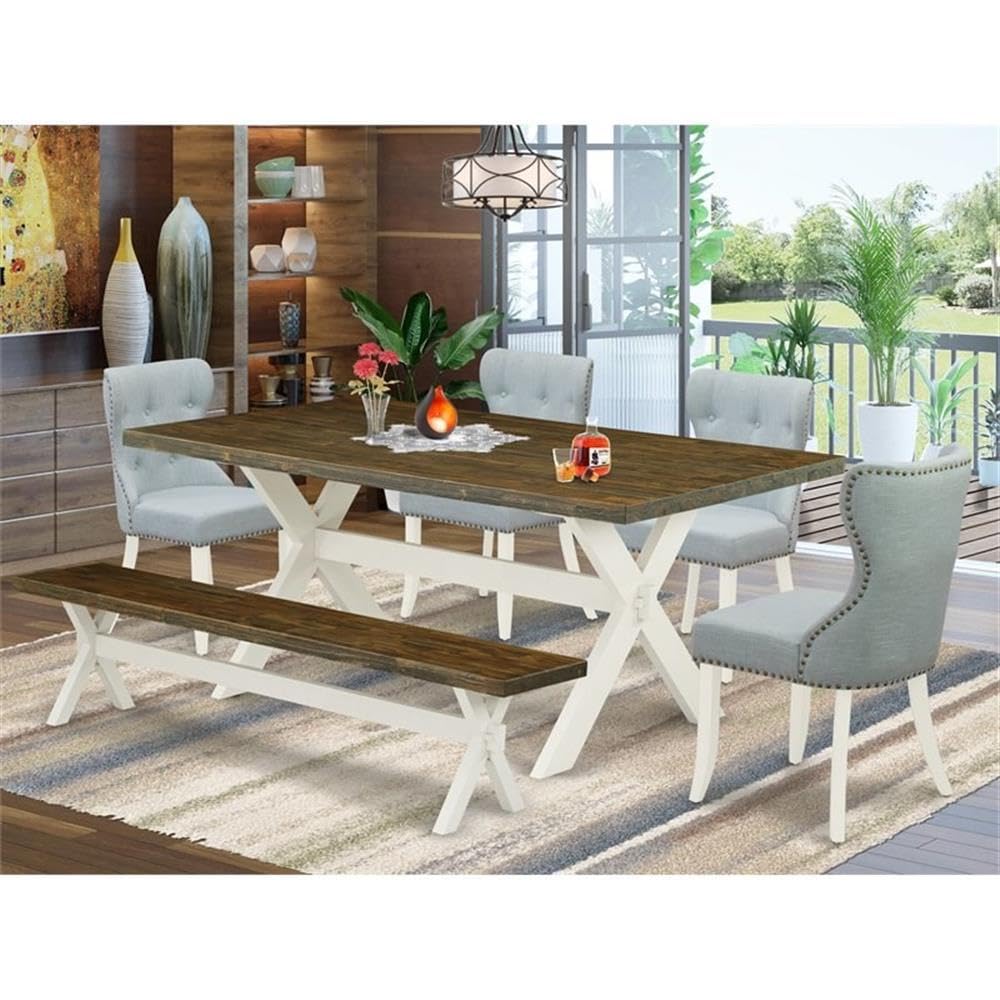 East West Furniture X077Si215-6 6 Piece Dining Table Set Contains A Rectangle Dining Room Table With X-Legs And 4 Baby Blue Linen Fabric Parson Chairs With A Bench, 40X72 Inch, Multi-Color